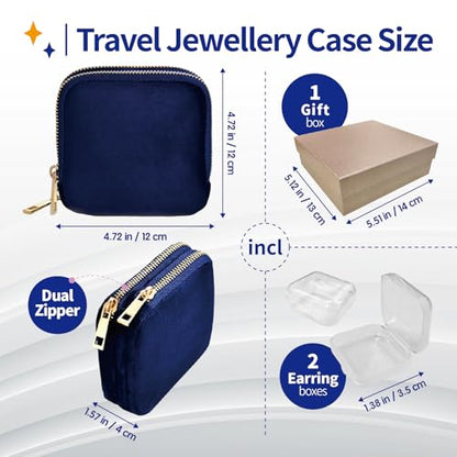 Small Travel Jewelry Case with Earring Box Mini Jewelry Case | Double-Layer Velvet Travel Jewelry Organizer Pouch with 7 grids & 4 Pockets, for Necklace Bracelet, Gifts for Women,Navy Blue - color: Dark blue double-layer
