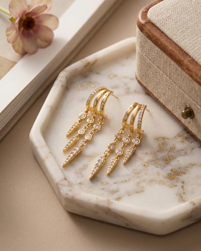 Gold Earrings for Women Trendy 14K Gold Plated Dangle Earrings Small Hoop Huggie Drop Stud Earrings Cubic Zirconia Simple Minimalist Dainty Chain Tassel Hypoallergenic Earrings - color: Tassel & Gold