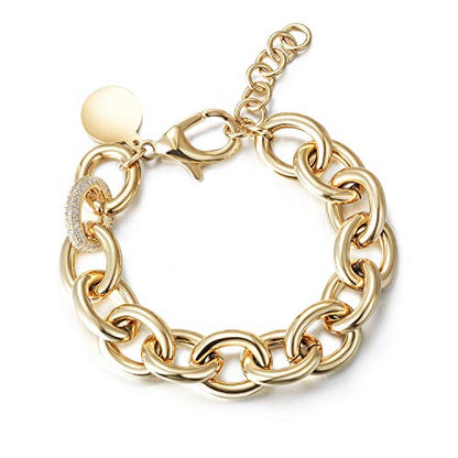 14K Gold Plated Link Chain Bracelets for Women, Dainty Silver Beaded Stackable Bracelet, Trendy Charm Jewelry for Her, Fits 6.0”–8.0” Wrists - color: 9.0" Chunky Gold