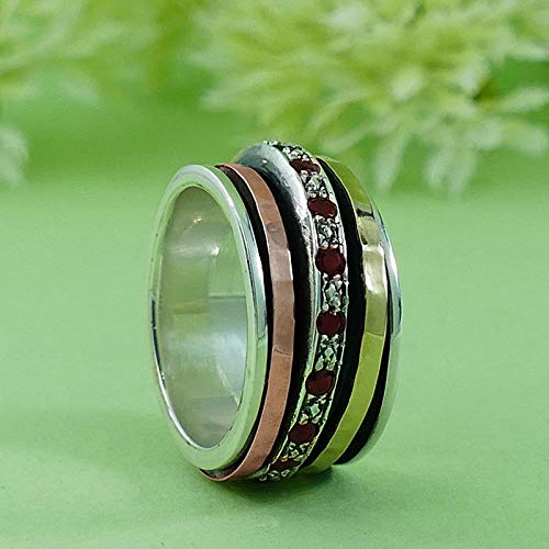Hammered Meditation Ring 1.6 Carat Natural Red Garnet Mixed Metal Two tone Solid 9k Yellow & Rose Gold 925 Sterling Silver Spinner Ring Bohemian Jewelry For Women Fidget Ring Made in Israel