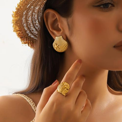 Gold Statement Earrings For Women, 14K Gold Plated Textured Geometric Drop Earrings - Hypoallergenic Stainless Steel Statement Earrings for Women, Waterproof Fan-Shaped Dangle Earrings for Beach & Daily Wear - color: Starfish seashell DKE252019GL