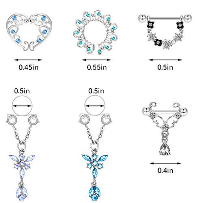 Hicarer 12 Pieces Fake Breast Ring Stainless Steel Dangle Include 8pcs Non-Piercing Breast Rings and 4pcs Faux Piercing Breast Rings for Women Piercing Jewelry