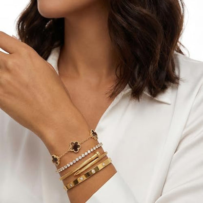 18 K Gold Plated Love Bangle Bracelet Stack for Women,Set of 4 Floral Clover Chain, Tennis Crystal &Gold Stackable Bangle Bracelet -Adjustable Layered Jewelry Gift for Wife Valentines Mother's Day-MVCOLEDY - color: Brown