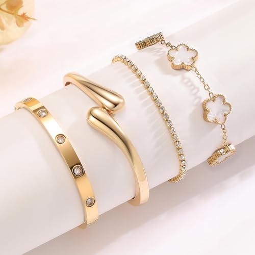Mothers Day Gifts for Mom 18K Gold-Plated Bracelet Set – Floral Clover, Tennis, Chunky Adjustable Twist Cuff, Classic Gold-plated Bangle Stainless Steel, Non Tarnish, Stackable Bracelet Gift for Women - style: YR floral white