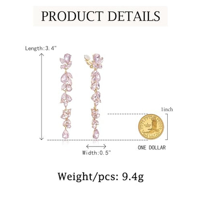 Crysdue Clip On Earrings for Women Rhinestone Crystal Teardrop Cluster Wedding Bridal Non Pierced Long Dangle Earring for Prom Party - color: Light Pink Gold-Tone