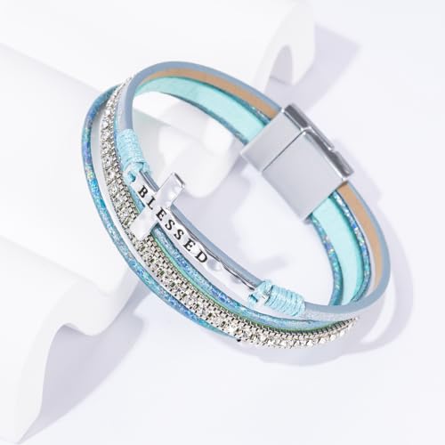 Boho Leather Wrap Bracelets Beaded Stackable Cuff Bracelet Country Concert Outfits Cowboy Cowgirl Western Jewelry Gifts for Women - color: Cross-Teal
