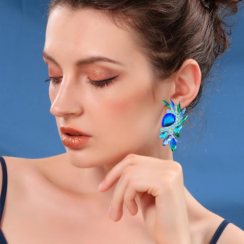Bohemian Dainty Sparkly Crystal Teardrop Flower Dangle Drop Earrings Unique Lightweight Glitter Rhinestone Geometry Floral Stud Earrings For Women - style: Blue