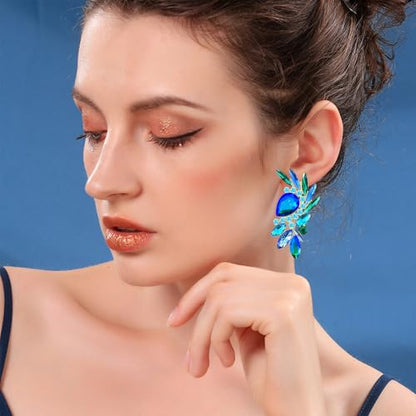 Bohemian Dainty Sparkly Crystal Teardrop Flower Dangle Drop Earrings Unique Lightweight Glitter Rhinestone Geometry Floral Stud Earrings For Women - style: Blue