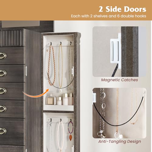 Giantex Standing Jewelry Cabinet with 7 Drawers, Flip-Top Mirror, 2 Side Doors with 12 Necklace Hooks, Divided Ring Compartments, Velvet-Lined Jewelry Armoire Organizer Chest (Weathered Gray) - color: Weathered Gray