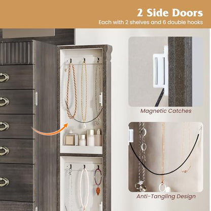 Giantex Standing Jewelry Cabinet with 7 Drawers, Flip-Top Mirror, 2 Side Doors with 12 Necklace Hooks, Divided Ring Compartments, Velvet-Lined Jewelry Armoire Organizer Chest (Weathered Gray) - color: Weathered Gray