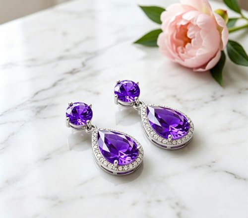 Drop Dangle Earrings Teardrop Gemstone Waterdrop White Gold Plated Crystal Hanging Cubic Zirconia Ruby Sapphire Emerald Jewelry Gift for Women Mother Wife - color: Purple