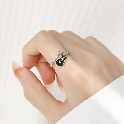 Adjustable Leaf Stackable Rings for Women Cubic Zirconia Stones Blue Leaves Purple Flower Open Band Stacking Finger Sliver Rings Fashion Plant Floral Aesthetic CZ Jewelry - color: black guitar