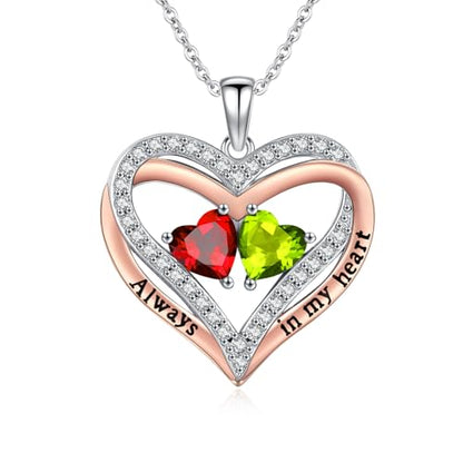 Heart Birthstone Necklace for Women 14K Rose Gold/White Gold Filled Overlapping Double Hearts Pendant Anniversary Valentine's Day Birthday Mother's Day Christmas Gifts for Wife Mom Daughter Her - color: 01-08-Jan-Aug Birthstone-A, style: Double-Layered Lo