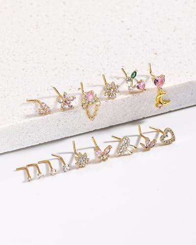 BSJ4U Nose Rings L Shaped for Women Nose Piercings 20G Surgical Stainless Steel Nose Studs CZ Heart Butterfly Flower Cherry Bow Moon Dangle Nose Piercing Jewelry - color: Gold Pink Nose Rings