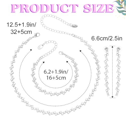 JEAIRTS Rhinestone Tennis Chain Choker Necklace Jewelry Sets for Women | 3Pcs Diamond Bridal Necklace Earrings and Bracelet for Wedding Prom - color: 1-Silver