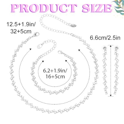 JEAIRTS Rhinestone Tennis Chain Choker Necklace Jewelry Sets for Women | 3Pcs Diamond Bridal Necklace Earrings and Bracelet for Wedding Prom - color: 1-Silver