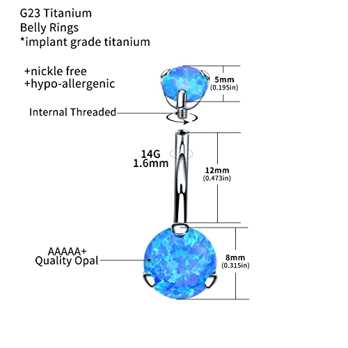 VOJO G23 Titanium Belly Button Rings Cubic Zircon Opal Hypoallergenic Threaded 14G Diamond Navel Body Piercing Jewelry Birthstone for Women - color: Claw Blue Opal