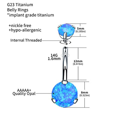 VOJO G23 Titanium Belly Button Rings Cubic Zircon Opal Hypoallergenic Threaded 14G Diamond Navel Body Piercing Jewelry Birthstone for Women - color: Claw Blue Opal