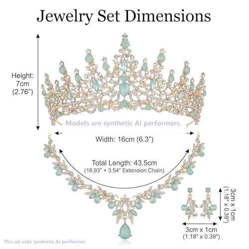 Kamirola Tiaras and Crowns for Women,Tiaras Earrings Necklace, Crystal Bridal Jewelry Set, Costume Jewelry for Women Party Halloween Prom Pageant - color: Gream Green