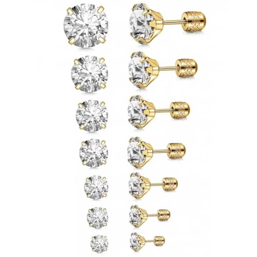 7 Pairs 20G Stainless Steel Stud Earrings Set Cubic Zirconia CZ Earrings Multi Size 2mm-8mm - color: golden, size: Leisure