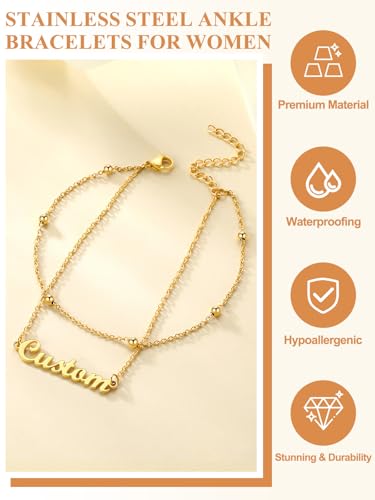Custom4U Custom Name Anklet Bracelets for Women Waterproof Beaded/Figaro/Cuban/Rope/Wheat Chain Anklet Stackable Gold Plated Non Tarnish Custom Beach Gift Barefoot Summer Jewelry for Her - color: A01-Gold Beaded Chain