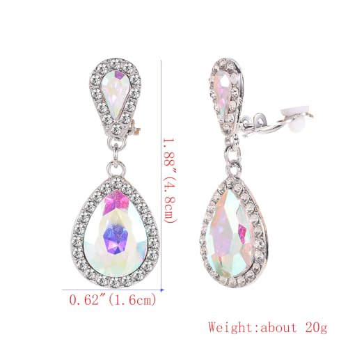 Classic Austrian Crystal Tear Drop Clip on Dangle Earrings for Women - color: ab,silver