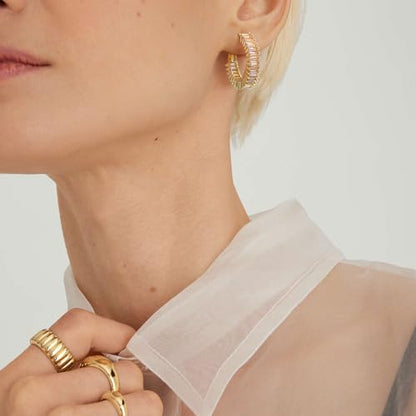 Trendy 14K Gold Plated Hoop Earrings for Women, Chunky Gold/Silver Earrings for Women Cubic Zirconia Baguette Hoop Earrings Heart Hoops Lightweight Hypoallergenic Jewelry,25mm/35mm/40mm/50mm - color: 01 Gold Champagne Hoops 25mm