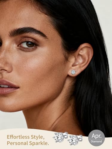 FindChic 2 Carat Birthstone Stud Earrings for Women, Round/Heart/Princess Cut Stud Earrings, Hypoallergenic Studs with 925 Sterling Silver Posts, 12 Months Birthday Jewelry Gift - color: 04. April-Diamond(Round Cut )