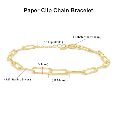7" Length +1" Adjustable Paper Clip Chain Bracelet for Women | 14K Gold Over Sterling Silver Plain Jewelry - color: yellow-gold-plated-silver