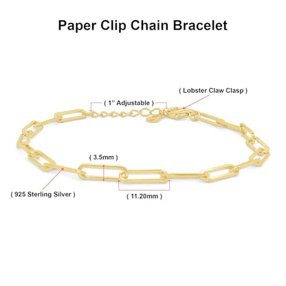 7" Length +1" Adjustable Paper Clip Chain Bracelet for Women | 14K Gold Over Sterling Silver Plain Jewelry - color: yellow-gold-plated-silver