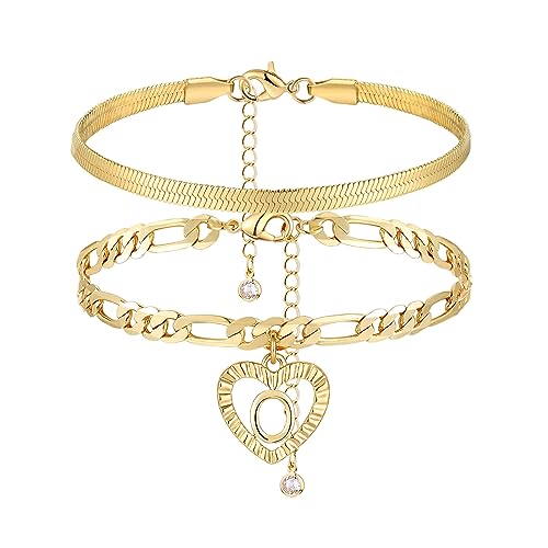 YANODA Gold Ankle Bracelets for Women Waterproof, 14k Gold Plated Layered Snake Anklets Figaro Chain Letter Initial Anklets Handmade Heart Ankle Bracelets Personalized for Women Beach Jewelry Gifts - color: O