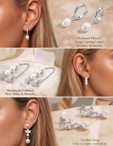 MILACOLATO 5 Pairs 925 Sterling Silver Earrings for Women Trendy Ear Stacks | 14K Gold Plated Stud Huggie Hoop Earrings Set Hypoallergenic CZ Pearl Dangle Earring Prom Bridal Bridesmaids Wedding Jewelry - color: Silver - Pearl Studs & Hoop Hoops & CZ Stud