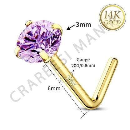 14K Real Gold Nose Studs 20G Nose Rings Studs L Shaped Nose Rings for Women Men Diamond CZ Nose Piercing - color: Yellow Gold-Round PPCZ