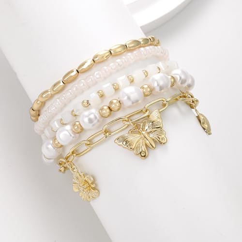 LALAPPLE Shell Bracelet Boho Beaded Stretch Bracelets for Women Seashell Strand Bracelets Starfish Charm Jewelry Summer Beach Jewelry Stackable Crystal Gold Plated Beads Bracelet for Women - style: T-Style9 butterfly