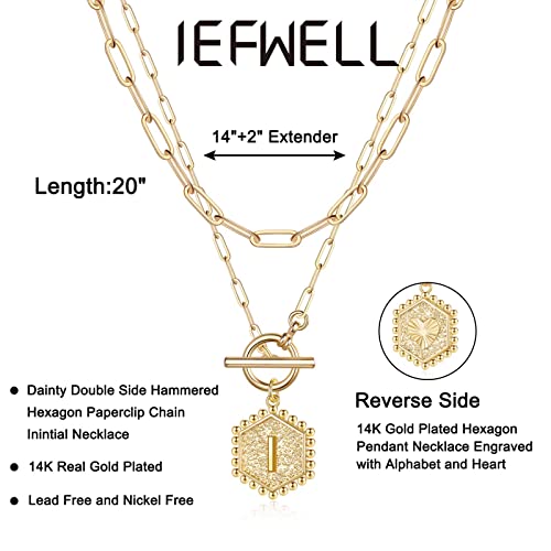 IEFWELL Layered Gold Necklaces for Women, Letter A-Z Initial Necklaces | Necklaces for Women Girls, 14K Gold Plated, Paperclip Chain Necklace, Toggle Clasp Layered Necklace, Jewelry Birthday Gift - size: 14"+2"/20", style: I