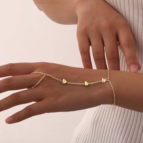 Evil Eye, Heart, Cross-Gold Ring Bracelet Hand Chain Layered Finger Bracelets for Women Delicate Link Chain Jewelry - style: 3 hearts