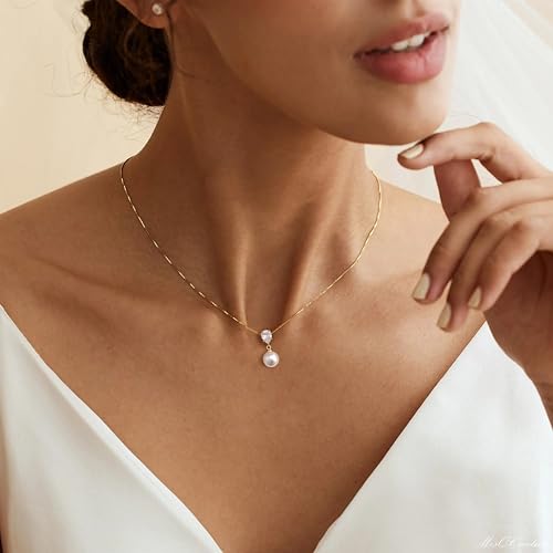 Pearl Necklaces for Women, Dainty Pearl Drop Necklace 14K Gold Plated CZ Pearls Pendant Necklace Small Gold Choker Necklaces for Women Trendy Wedding Jewelry Bridesmaids Gifts - color: Gold Plated-LX Pearl