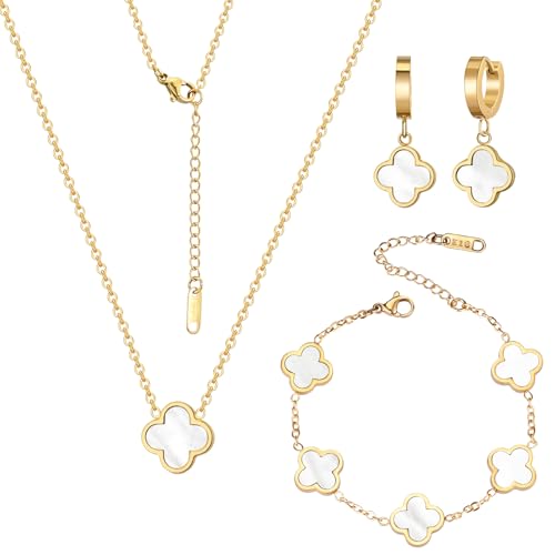 18K Gold Plated Lucky Clover Jewelry Set, Birthday Gifts for Women | Stainless Steel Hypoallergenic,Black White Red Four Leaf Clover Bracelet Necklace Earrings set, Daily Wear, Gifts for Women - color: Clover Set-White