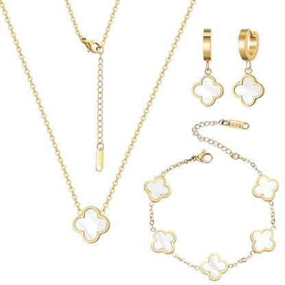 18K Gold Plated Lucky Clover Jewelry Set, Birthday Gifts for Women | Stainless Steel Hypoallergenic,Black White Red Four Leaf Clover Bracelet Necklace Earrings set, Daily Wear, Gifts for Women - color: Clover Set-White