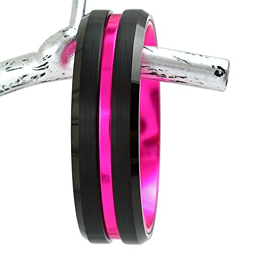 Fantabulous 6mm/8mm Brushed Satin Finish Black Tungsten Carbide Band Ring w/Hot Pink Stripe & Hot Pink Anodized Aluminum Inner Band feat. Comfort Fit.