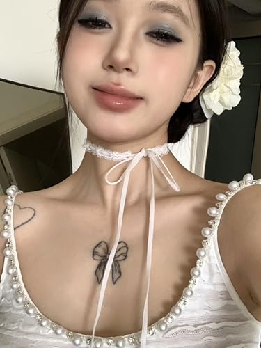 Bravace Lace Bow Choker Necklace for Women Adjustable Long Ribbon Tie Collar Elegant Black White Retro Lolita Gothic Party Neck Jewelry Romantic Lace Choker Daily Wear & Party Accessory Gift - color: White
