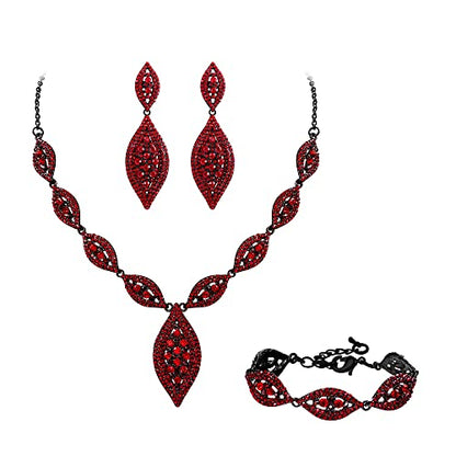 Flyonce Wedding Jewelry Set Rhinestone Crystal Bridal Leaf Necklace Drop Dangle Chandelier Earrings Sets for Women - color: Red Black-Tone