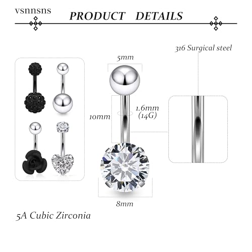 Vsnnsns 14G Belly Button Ring Piercing Jewelry 316L Stainless Surgical Steel Heart CZ Pearl Butterfly Flower Navel Rings Dangle Belly Button Ring Navel Piercing Jewelry for Women Men Hypoallergenic - color: Silver&Black