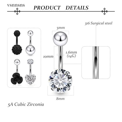 Vsnnsns 14G Belly Button Ring Piercing Jewelry 316L Stainless Surgical Steel Heart CZ Pearl Butterfly Flower Navel Rings Dangle Belly Button Ring Navel Piercing Jewelry for Women Men Hypoallergenic - color: Silver&Black