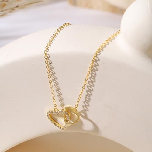 Gold Necklace for Women, 14K Gold Plated Cubic Zirconia Pendant Necklace, Dainty Heart Moon Circle Paperclip Jewelry for Layering, Everyday Birthday Gift - color: Gold Interlocking Heart
