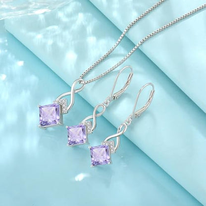 Infinity Necklace 925 Sterling Silver Princess Cut Pendant Birthstone Jewelry for Women - color: Light Lavender