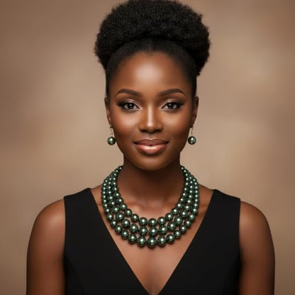 Fashion 21 Women's Faux Pearl Three Multi-Strand Statement Necklace and Earrings Set - color: Dark Olive Green