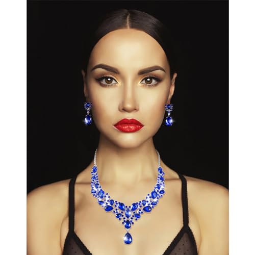 Hicarer Bridal Teardrop Cluster Crystal Jewelry Set for Women Necklace Earrings Wedding - color: Royal Blue
