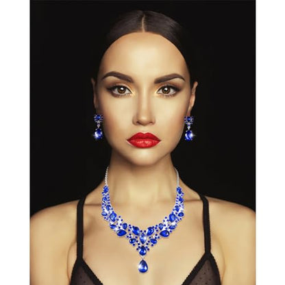 Hicarer Bridal Teardrop Cluster Crystal Jewelry Set for Women Necklace Earrings Wedding - color: Royal Blue