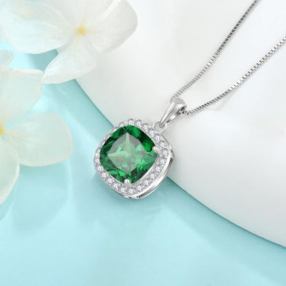 Birthstone Necklace for Women 925 Sterling Silver Princess Cut Halo Necklace Pendant Jewelry for Mom Wife - color: Green